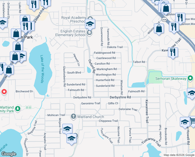 map of restaurants, bars, coffee shops, grocery stores, and more near 2341 Hunterfield Road in Maitland