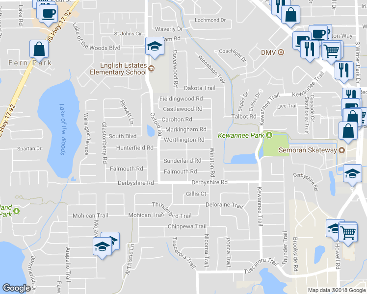 map of restaurants, bars, coffee shops, grocery stores, and more near 2353 Hunterfield Road in Maitland