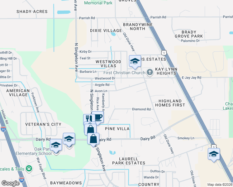 map of restaurants, bars, coffee shops, grocery stores, and more near 3065 Avon Lane in Titusville