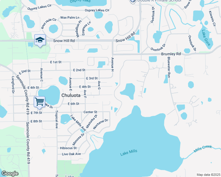 map of restaurants, bars, coffee shops, grocery stores, and more near 530 East 4th Street in Chuluota