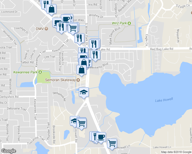 map of restaurants, bars, coffee shops, grocery stores, and more near 224 Georgetown Drive in Casselberry