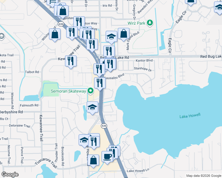 map of restaurants, bars, coffee shops, grocery stores, and more near 224 Georgetown Drive in Casselberry
