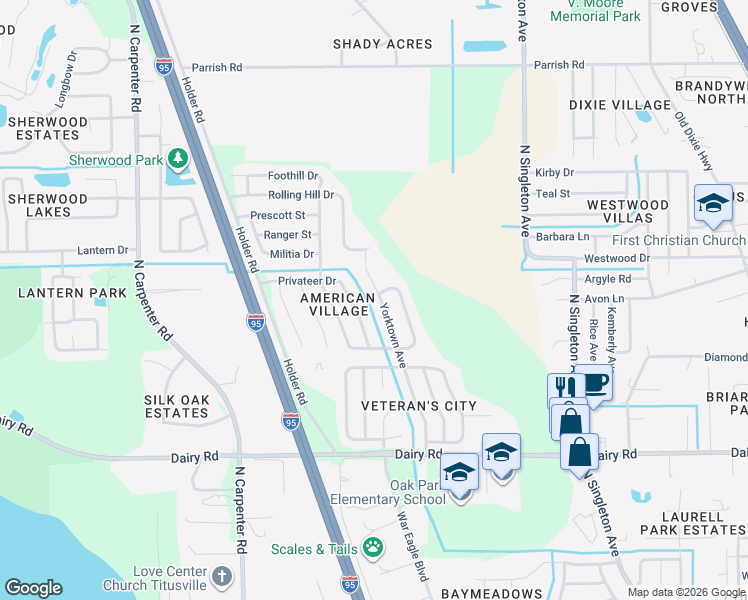 map of restaurants, bars, coffee shops, grocery stores, and more near 1690 Yorktown Avenue in Titusville