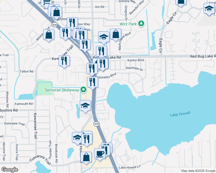 map of restaurants, bars, coffee shops, grocery stores, and more near 224 Georgetown Drive in Casselberry