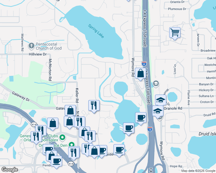 map of restaurants, bars, coffee shops, grocery stores, and more near 130 Spring Isle Trail in Altamonte Springs