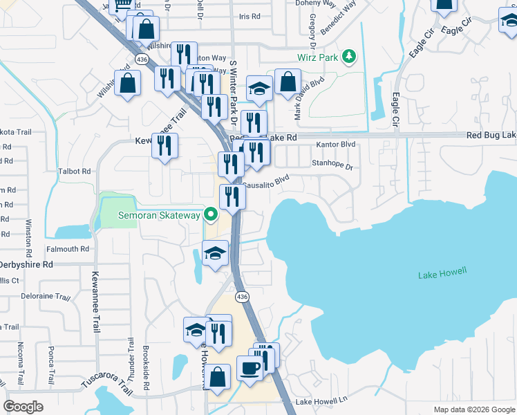 map of restaurants, bars, coffee shops, grocery stores, and more near 224 Georgetown Drive in Casselberry