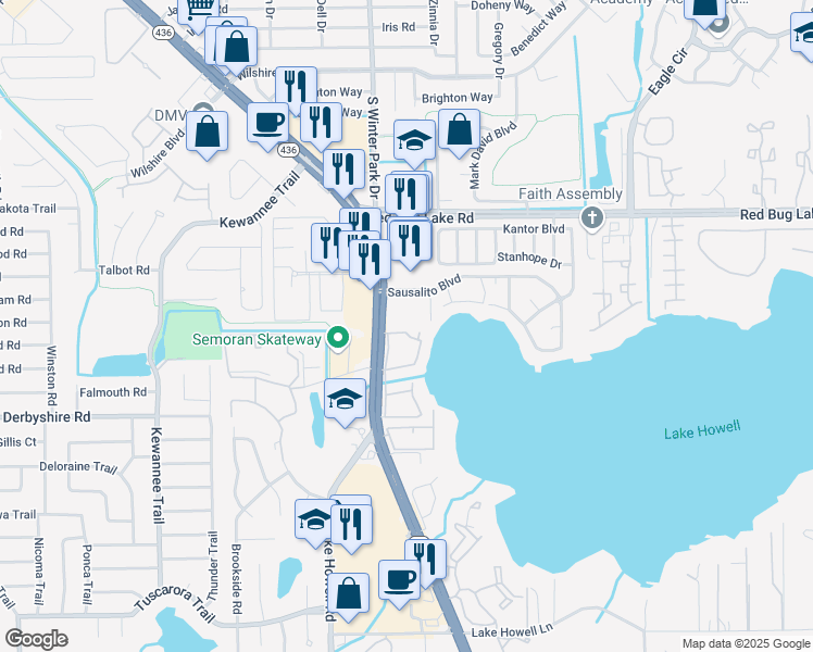 map of restaurants, bars, coffee shops, grocery stores, and more near 111 Georgetown Drive in Casselberry