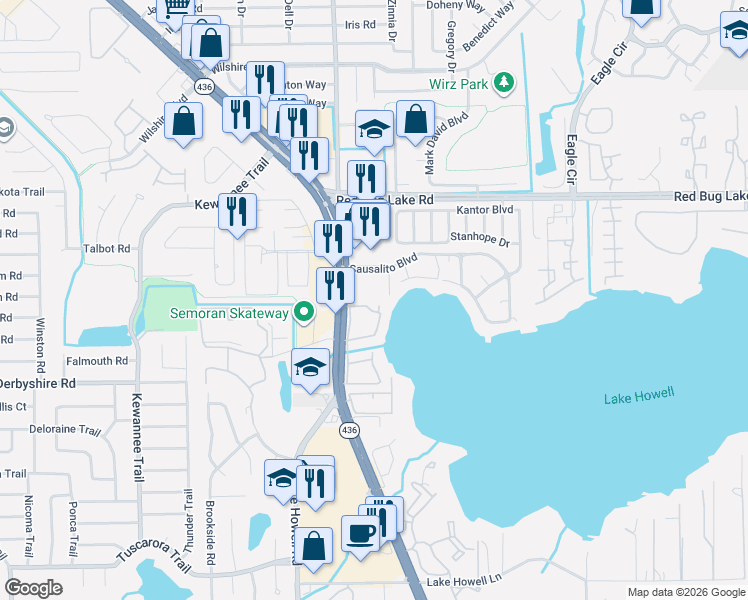 map of restaurants, bars, coffee shops, grocery stores, and more near 117 Georgetown Drive in Casselberry
