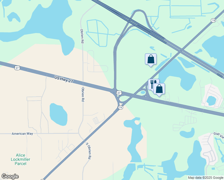 map of restaurants, bars, coffee shops, grocery stores, and more near 20412 Florida 25 in Groveland