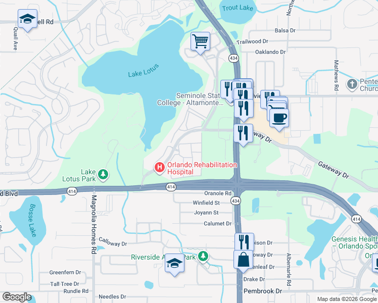 map of restaurants, bars, coffee shops, grocery stores, and more near 832 Grand Regency Pointe in Altamonte Springs