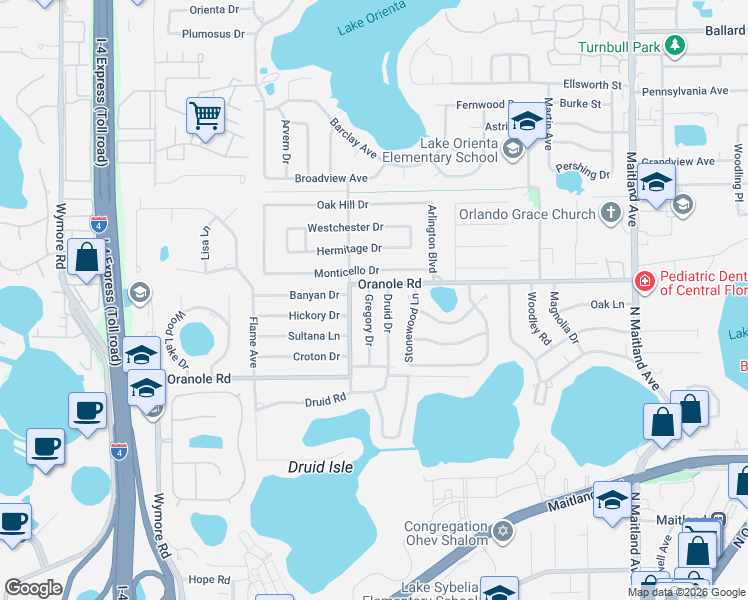 map of restaurants, bars, coffee shops, grocery stores, and more near 1035 Druid Drive in Maitland
