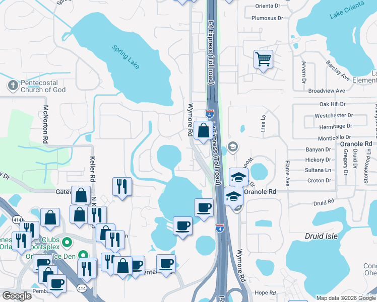 map of restaurants, bars, coffee shops, grocery stores, and more near 923 Wymore Road in Altamonte Springs