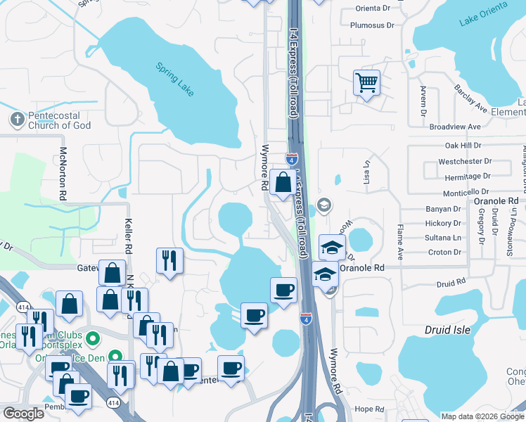 map of restaurants, bars, coffee shops, grocery stores, and more near 923 Wymore Road in Altamonte Springs