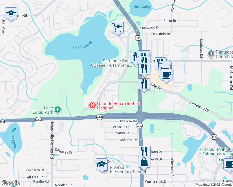 map of restaurants, bars, coffee shops, grocery stores, and more near 821 Grand Regency Pointe in Altamonte Springs
