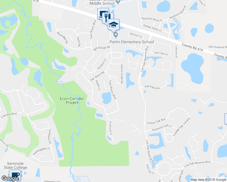 map of restaurants, bars, coffee shops, grocery stores, and more near 1394 Twin Rivers Boulevard in Oviedo