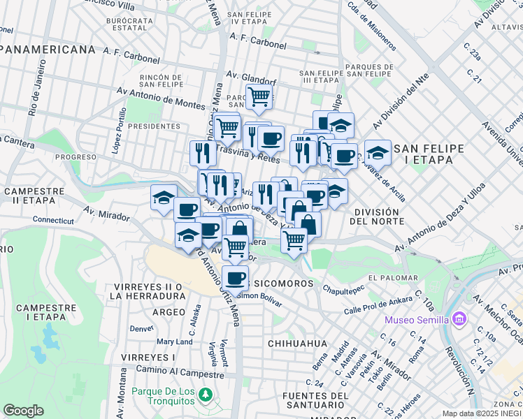 map of restaurants, bars, coffee shops, grocery stores, and more near Avenida Antonio de Deza Y Ulloa in Chihuahua