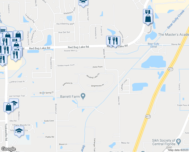 map of restaurants, bars, coffee shops, grocery stores, and more near 7330 Winding Lake Circle in Oviedo