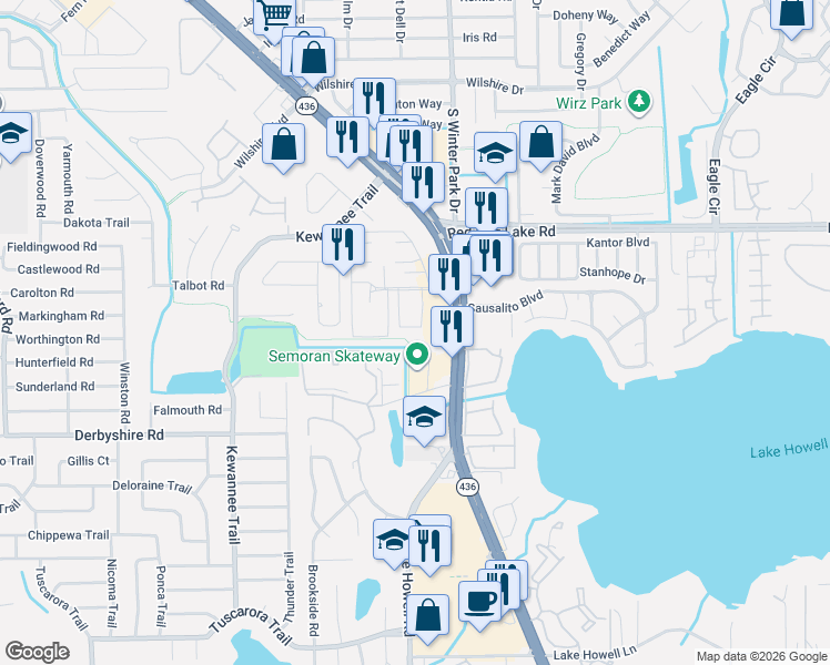 map of restaurants, bars, coffee shops, grocery stores, and more near 504 Polaris Loop in Casselberry