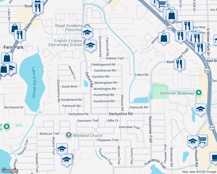 map of restaurants, bars, coffee shops, grocery stores, and more near 2354 Markingham Road in Maitland