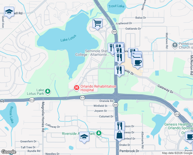map of restaurants, bars, coffee shops, grocery stores, and more near 821 Grand Regency Pointe in Altamonte Springs