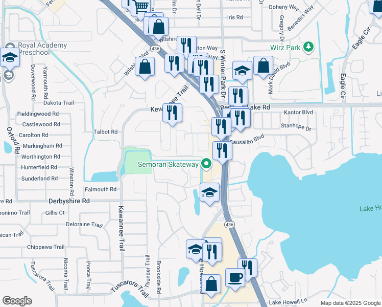 map of restaurants, bars, coffee shops, grocery stores, and more near 534 Cascade Circle in Casselberry