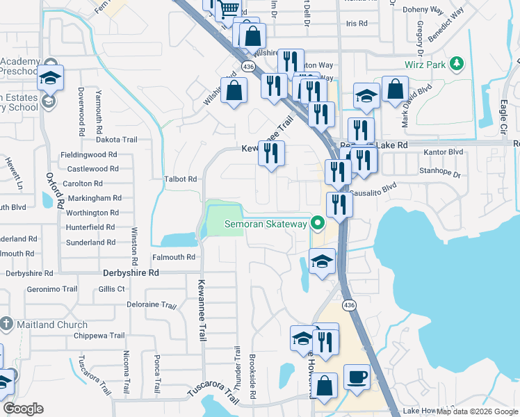 map of restaurants, bars, coffee shops, grocery stores, and more near 1721 Shoshonee Trail in Casselberry