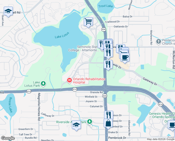 map of restaurants, bars, coffee shops, grocery stores, and more near 824 Grand Regency Pointe in Altamonte Springs