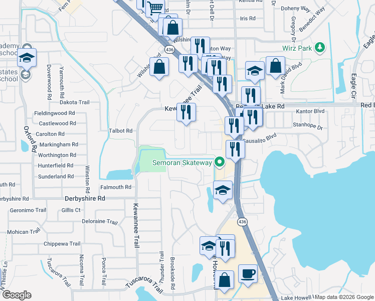 map of restaurants, bars, coffee shops, grocery stores, and more near 1721 Shoshonee Trail in Casselberry