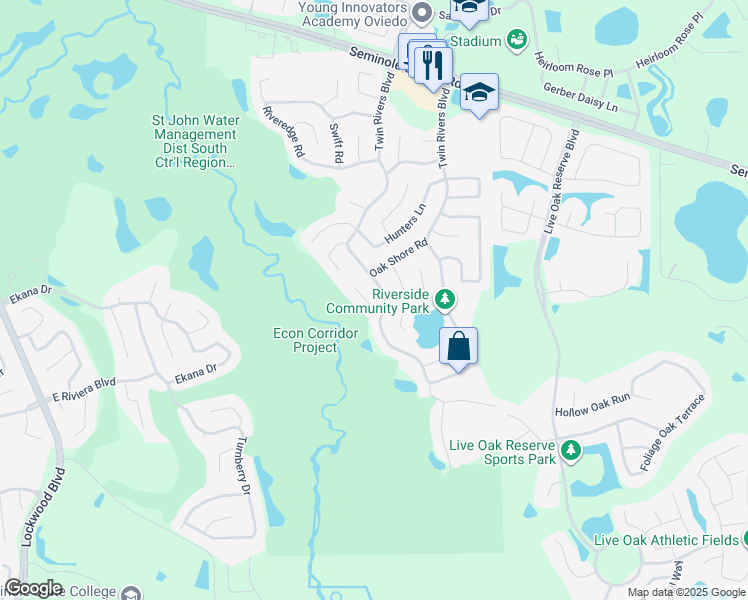 map of restaurants, bars, coffee shops, grocery stores, and more near 2520 Coachbridge Court in Oviedo