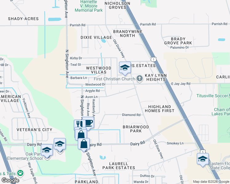 map of restaurants, bars, coffee shops, grocery stores, and more near 2970 Avon Circle in Titusville