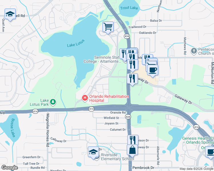 map of restaurants, bars, coffee shops, grocery stores, and more near 821 Grand Regency Pointe in Altamonte Springs
