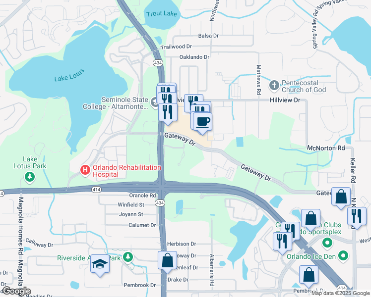 map of restaurants, bars, coffee shops, grocery stores, and more near 893 Hope Way in Altamonte Springs