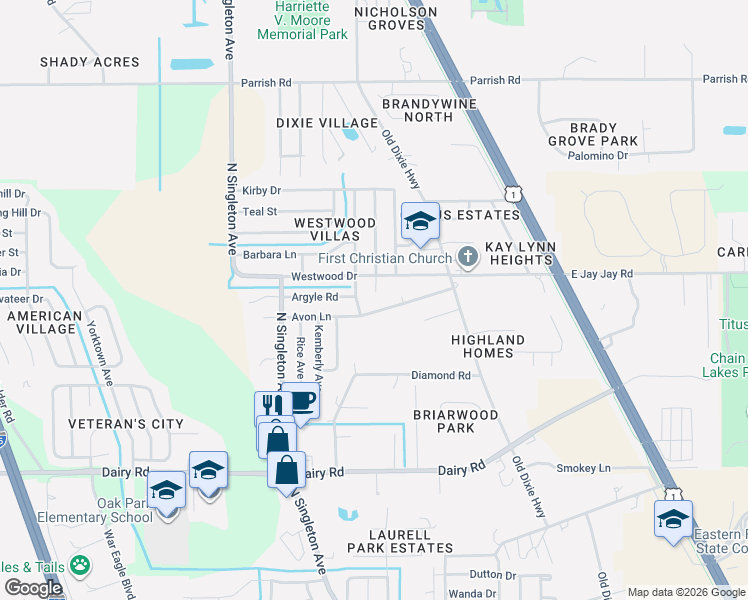 map of restaurants, bars, coffee shops, grocery stores, and more near 1740 Cowan Circle in Titusville