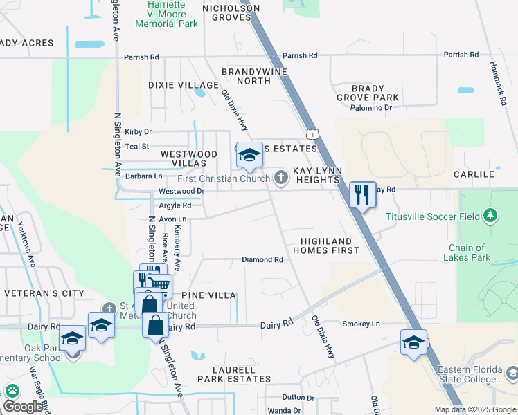 map of restaurants, bars, coffee shops, grocery stores, and more near 2935 Avon Lane in Titusville