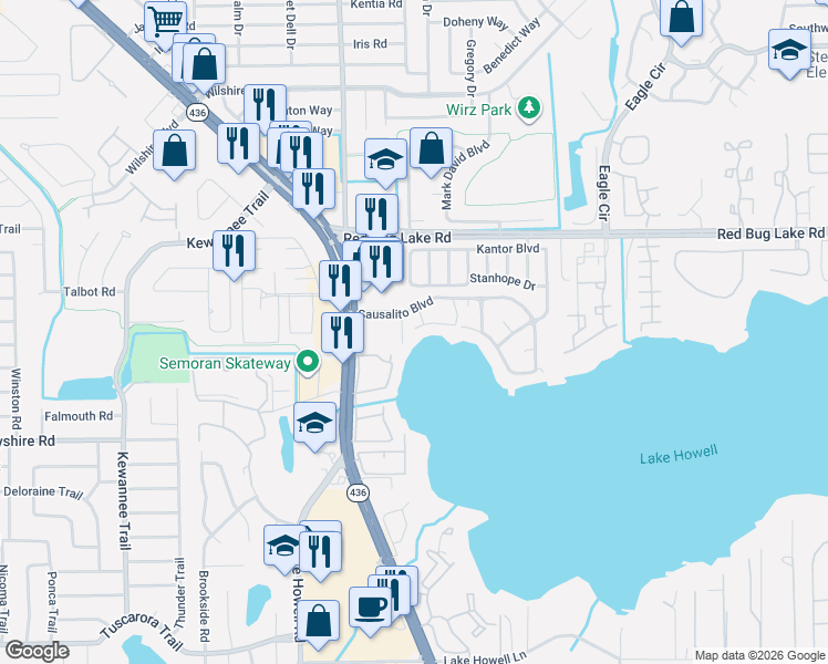 map of restaurants, bars, coffee shops, grocery stores, and more near 110 Madrid Drive in Casselberry