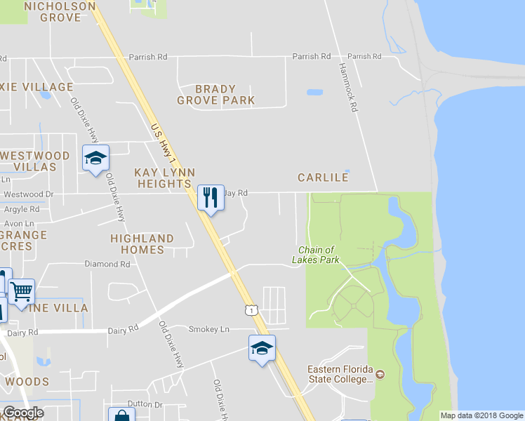 map of restaurants, bars, coffee shops, grocery stores, and more near 2355 East Jay Jay Road in Titusville