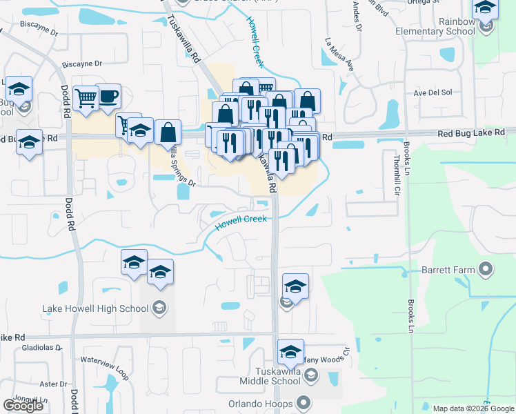 map of restaurants, bars, coffee shops, grocery stores, and more near 4545 Willa Creek Drive in Winter Springs