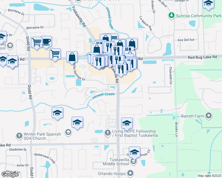 map of restaurants, bars, coffee shops, grocery stores, and more near 4545 Willa Creek Drive in Winter Springs
