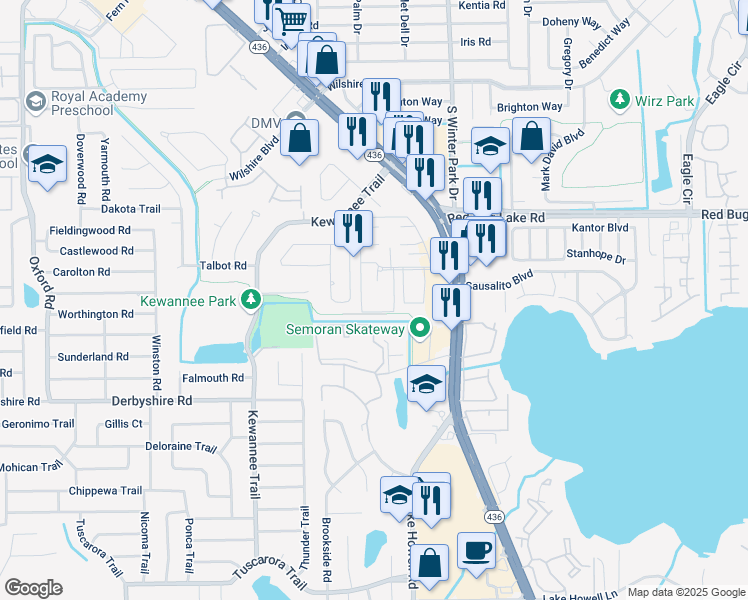 map of restaurants, bars, coffee shops, grocery stores, and more near 534 Cascade Circle in Casselberry