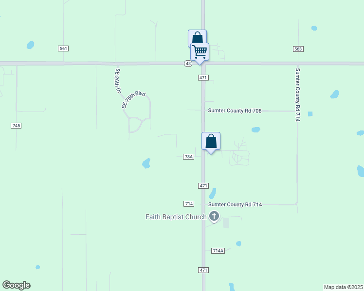 map of restaurants, bars, coffee shops, grocery stores, and more near 7620 Florida 471 in Bushnell