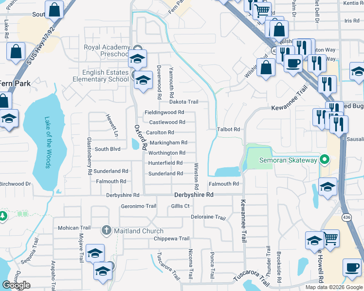 map of restaurants, bars, coffee shops, grocery stores, and more near 2466 Markingham Road in Maitland