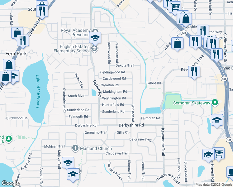 map of restaurants, bars, coffee shops, grocery stores, and more near 2354 Markingham Road in Maitland