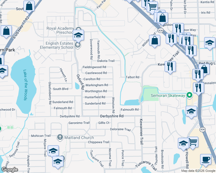map of restaurants, bars, coffee shops, grocery stores, and more near 2466 Markingham Road in Maitland