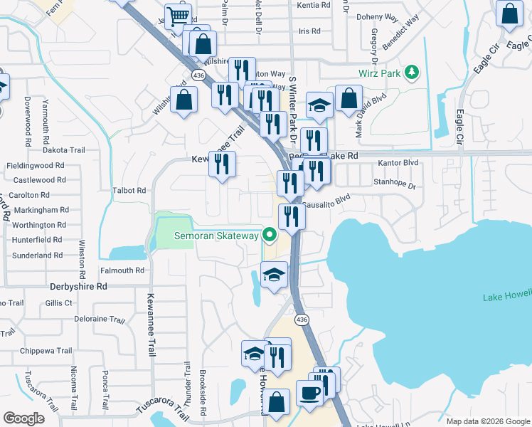 map of restaurants, bars, coffee shops, grocery stores, and more near 504 Polaris Loop in Casselberry