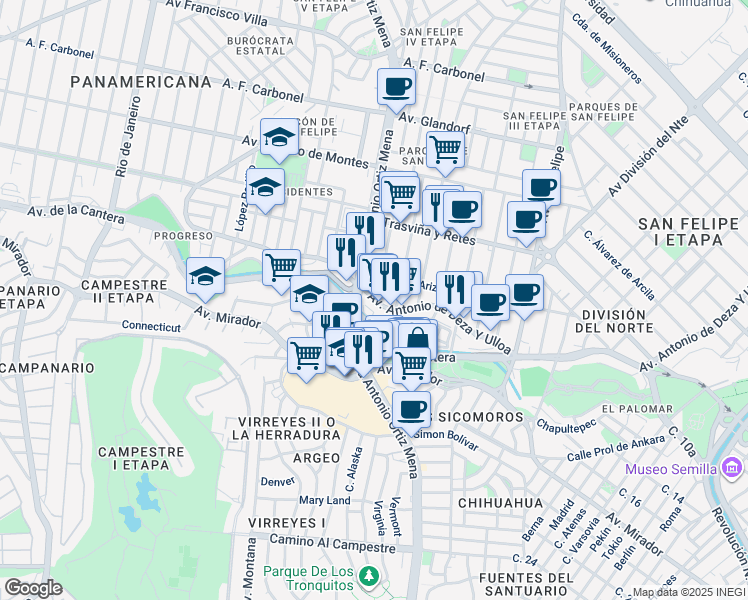 map of restaurants, bars, coffee shops, grocery stores, and more near Avenida Antonio de Deza Y Ulloa in Chihuahua