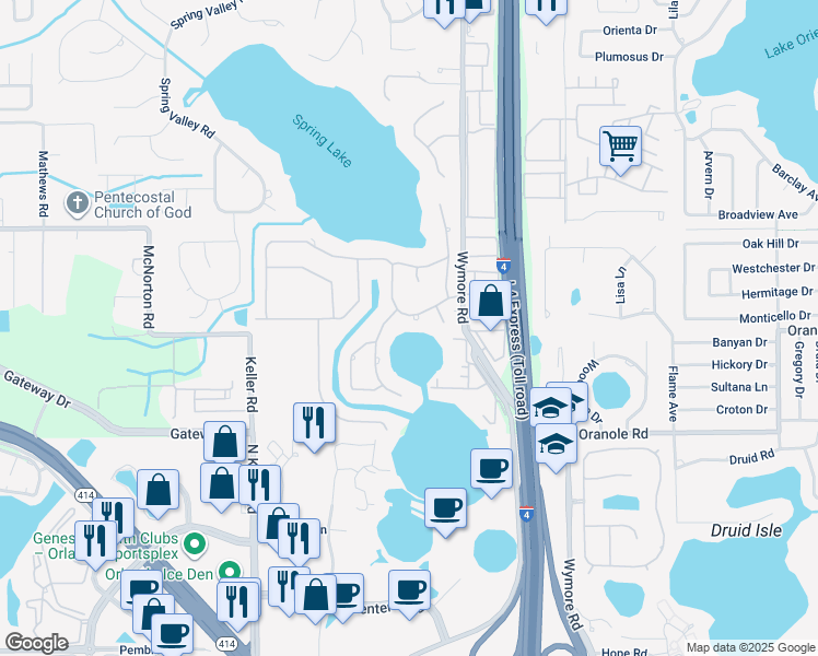 map of restaurants, bars, coffee shops, grocery stores, and more near 95 Spring Wood Trail in Altamonte Springs