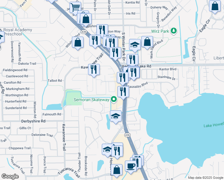 map of restaurants, bars, coffee shops, grocery stores, and more near 504 Polaris Loop in Casselberry