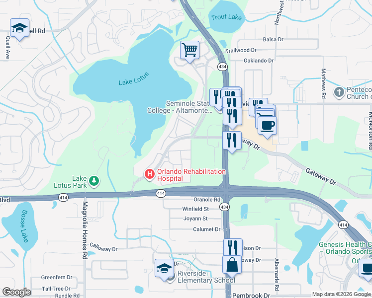 map of restaurants, bars, coffee shops, grocery stores, and more near 821 Grand Regency Pointe in Altamonte Springs
