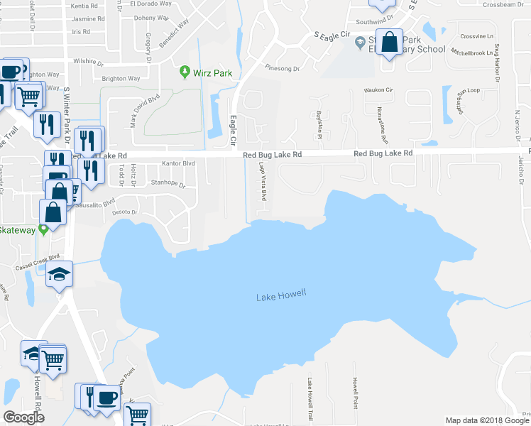 map of restaurants, bars, coffee shops, grocery stores, and more near 184 Lago Vista Boulevard in Casselberry