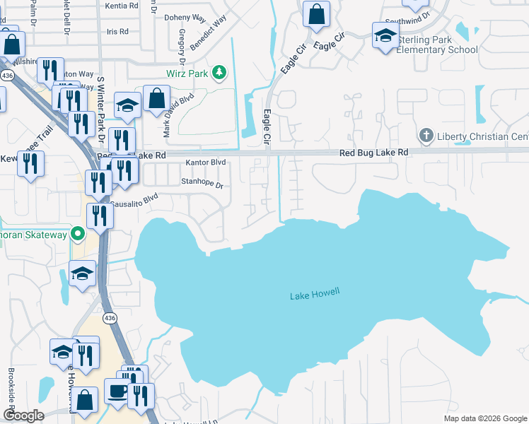 map of restaurants, bars, coffee shops, grocery stores, and more near 2701 Red Bug Lake Road in Casselberry
